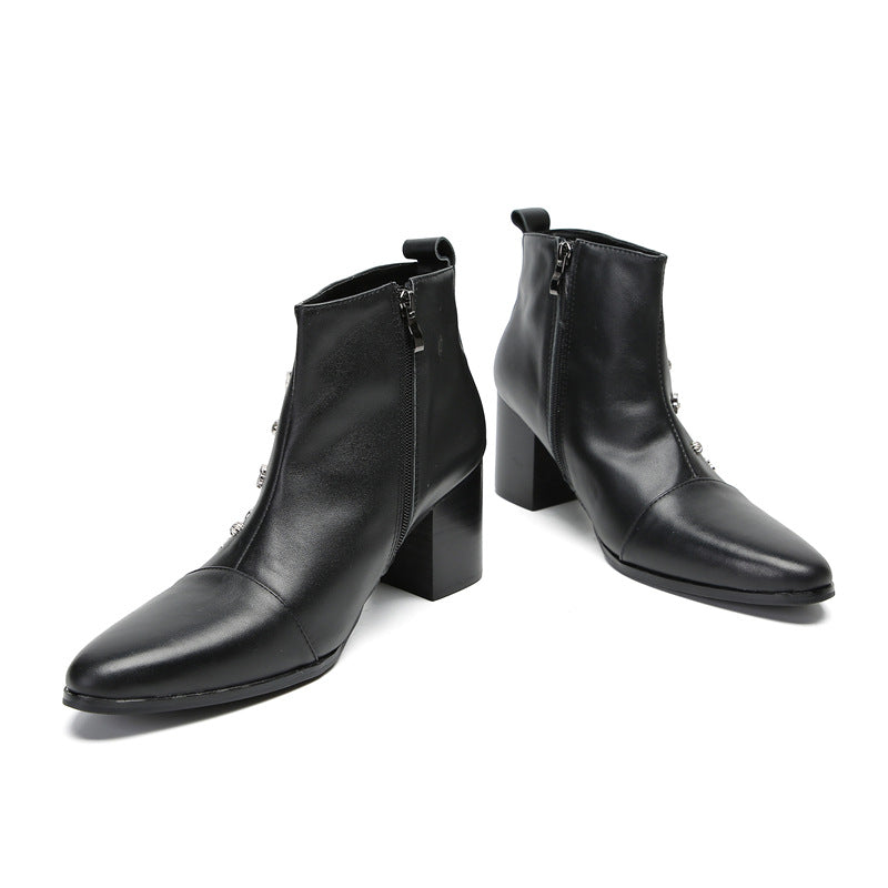Autumn and winter black cowhide Chelsea boots British motorcycle work boots men's pointed toe mid-top zipper trendy cowhide boots for men