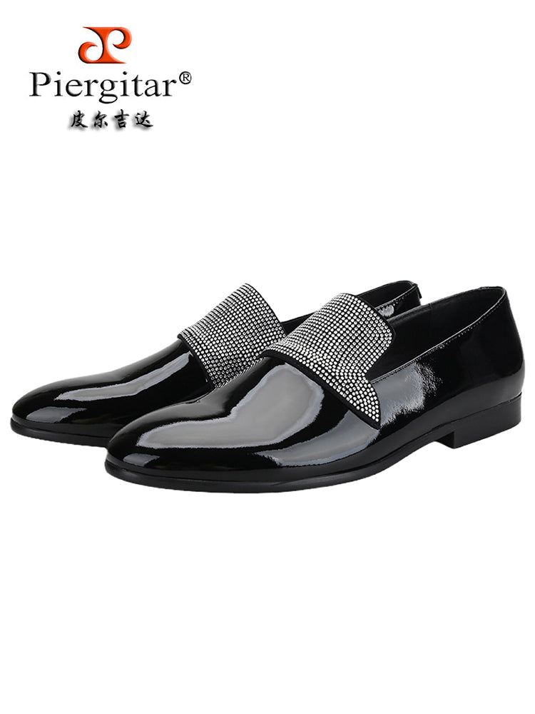 Luxury brand's same style black patent leather handmade pavé silver diamond men's versatile loafers for men