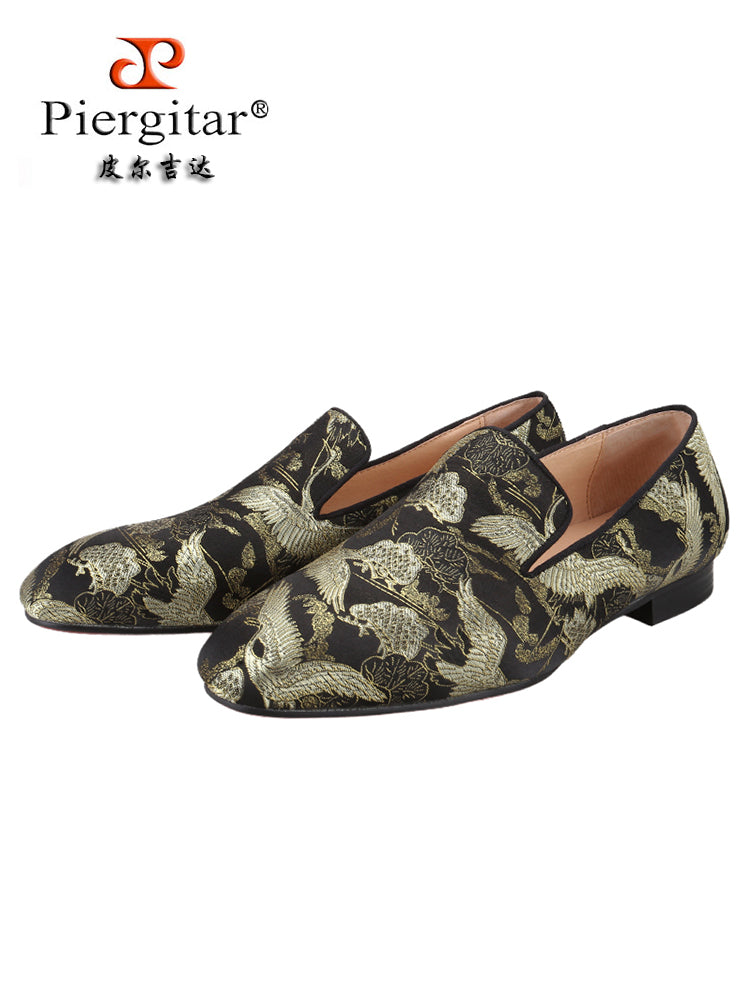New Chinese Style Crane Jacquard Satin Men's Loafers Wedding Banquet Party Casual Slip-On Red Sole Smoking Shoes