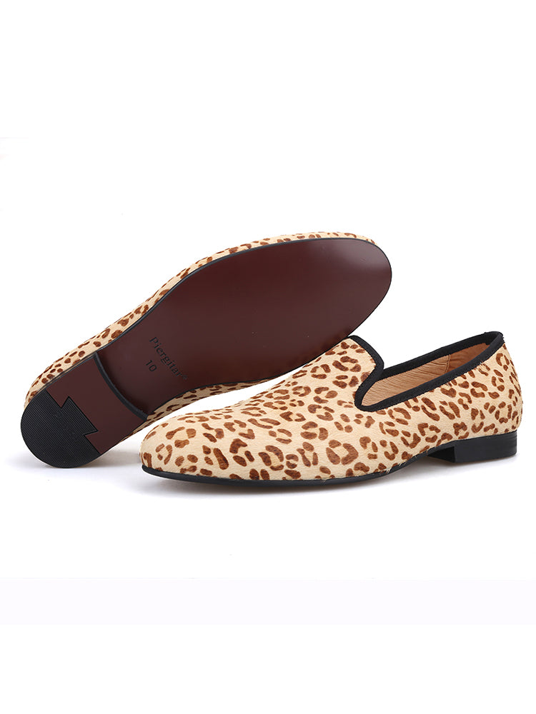 Summer imported leopard print horse hair handmade men's shoes European and American banquet party loafers large size men's shoes