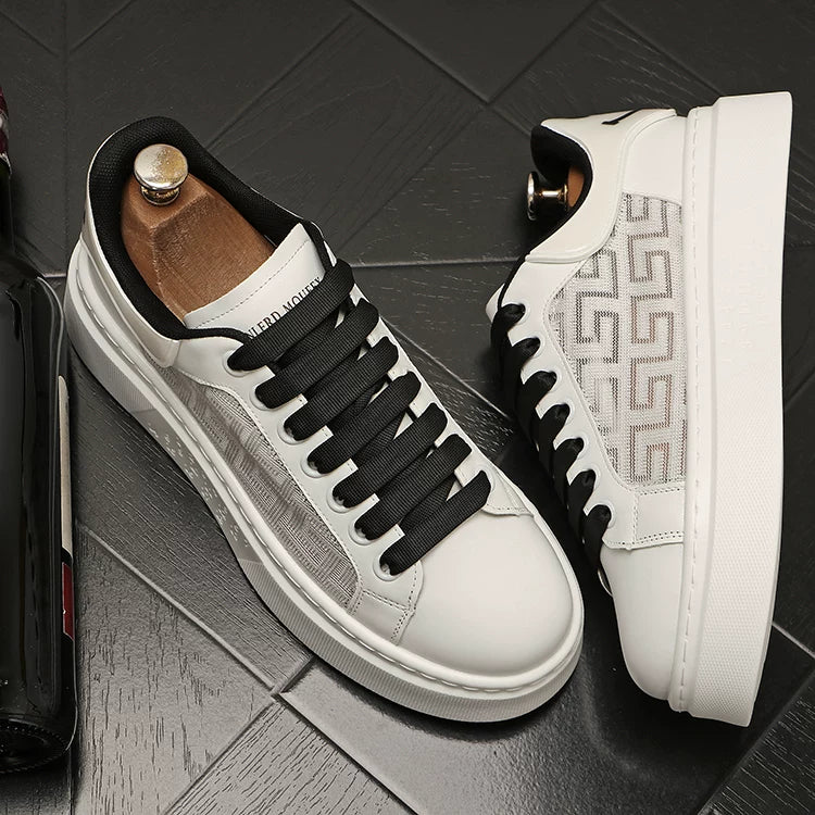 Men's Platform Height-Increasing Breathable Cut-Out Low-Top White Sneakers Casual