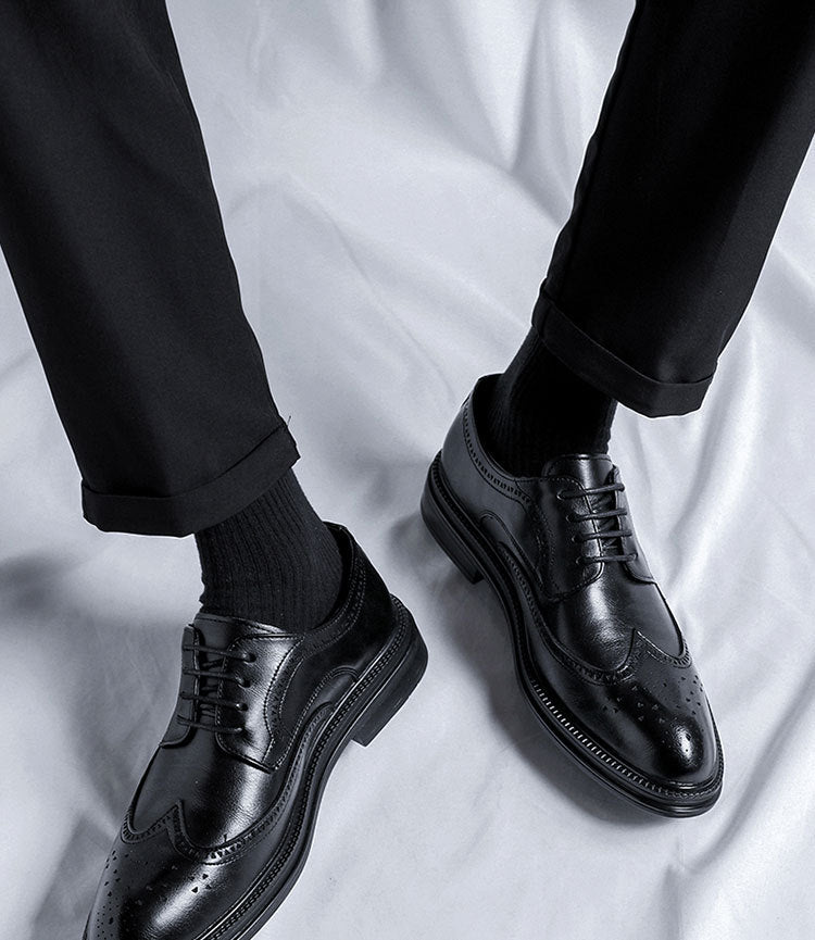 2023 men's black business formal leather shoes, men's thick-soled casual british style groom wedding