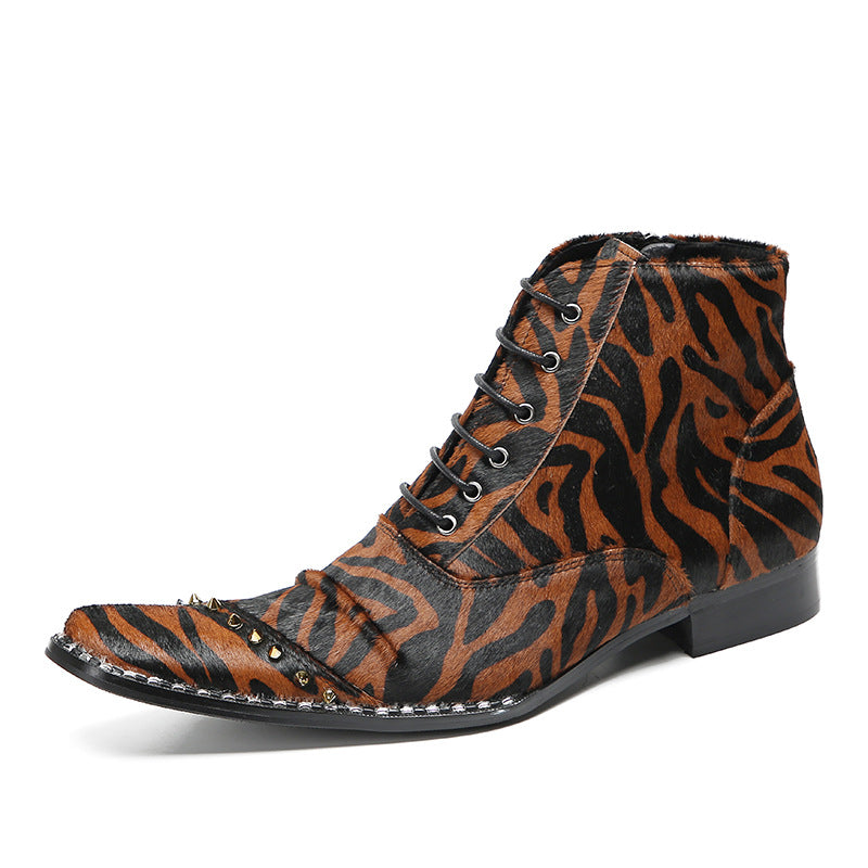 Chelsea boots autumn and winter men's pointed-toe British leopard print Martin boots youth high-top leather boots brown short boots leather shoes trendy