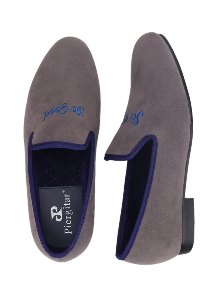 Summer new British style casual slip-on smoking shoes gray velvet embroidered trendy men's slip-on loafers