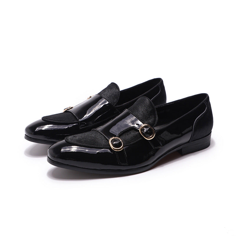 Men's Shoes Men's Loafer Gentleman Banquet Party Wedding Shoes Patent Leather Horse Fur High-End Double Buckle Monk Shoe