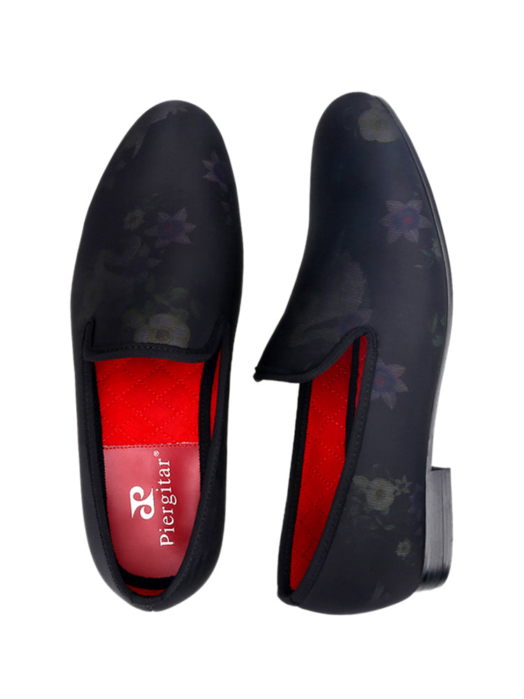 New men's elastic cloth printed handmade loafers trendy European and American fashion banquet slip-on shoes