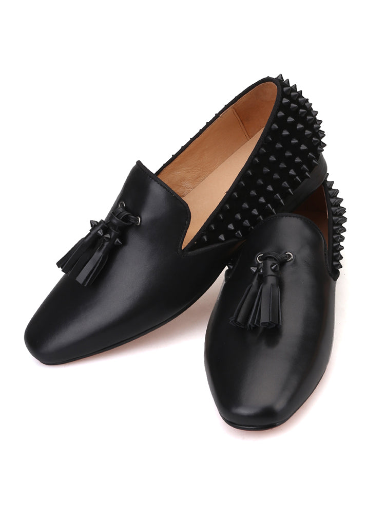 Summer men's slip-on set of handmade banquet loafers with toe layer cowhide leather tassels and toe layer frosted leather rivets