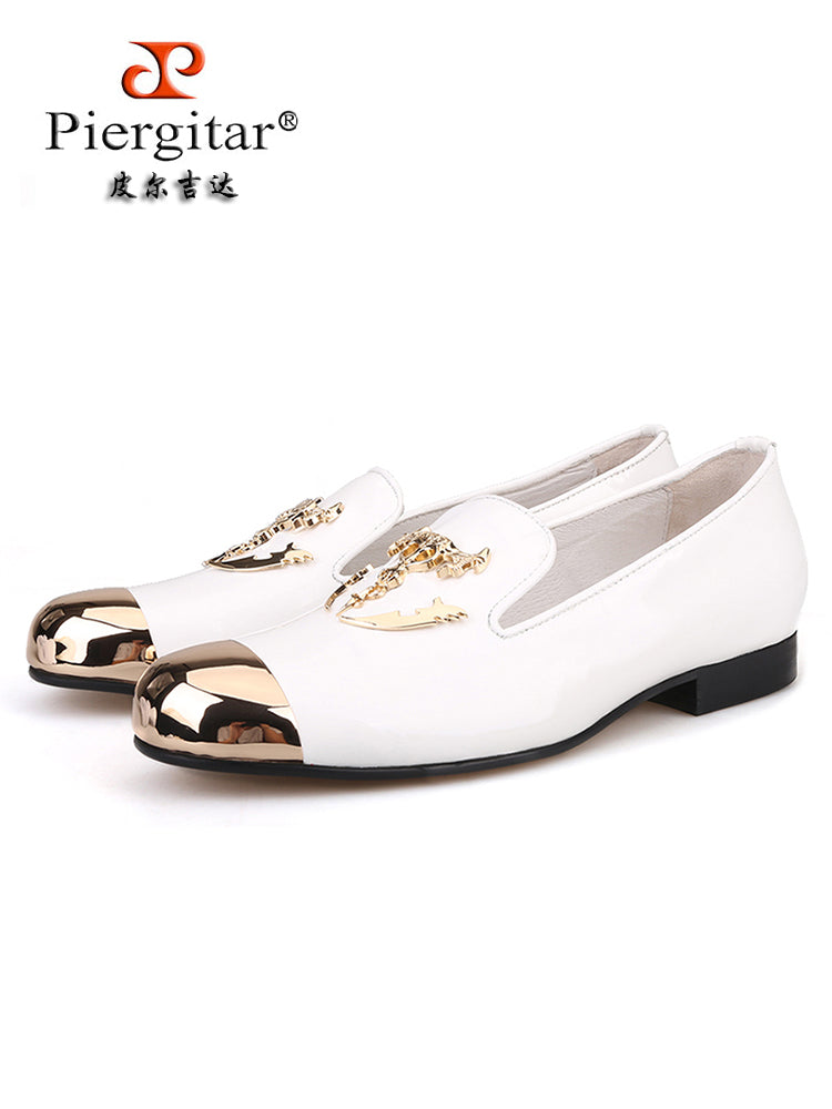 Handmade white wrinkled patent leather men's skull gold head loafers European and American big-name trendy slip-on low-cut shoes