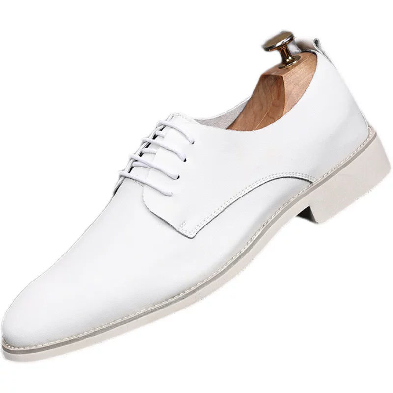 Men's White Genuine Leather Wedding Shoes, Height Increasing, Pointed Toe