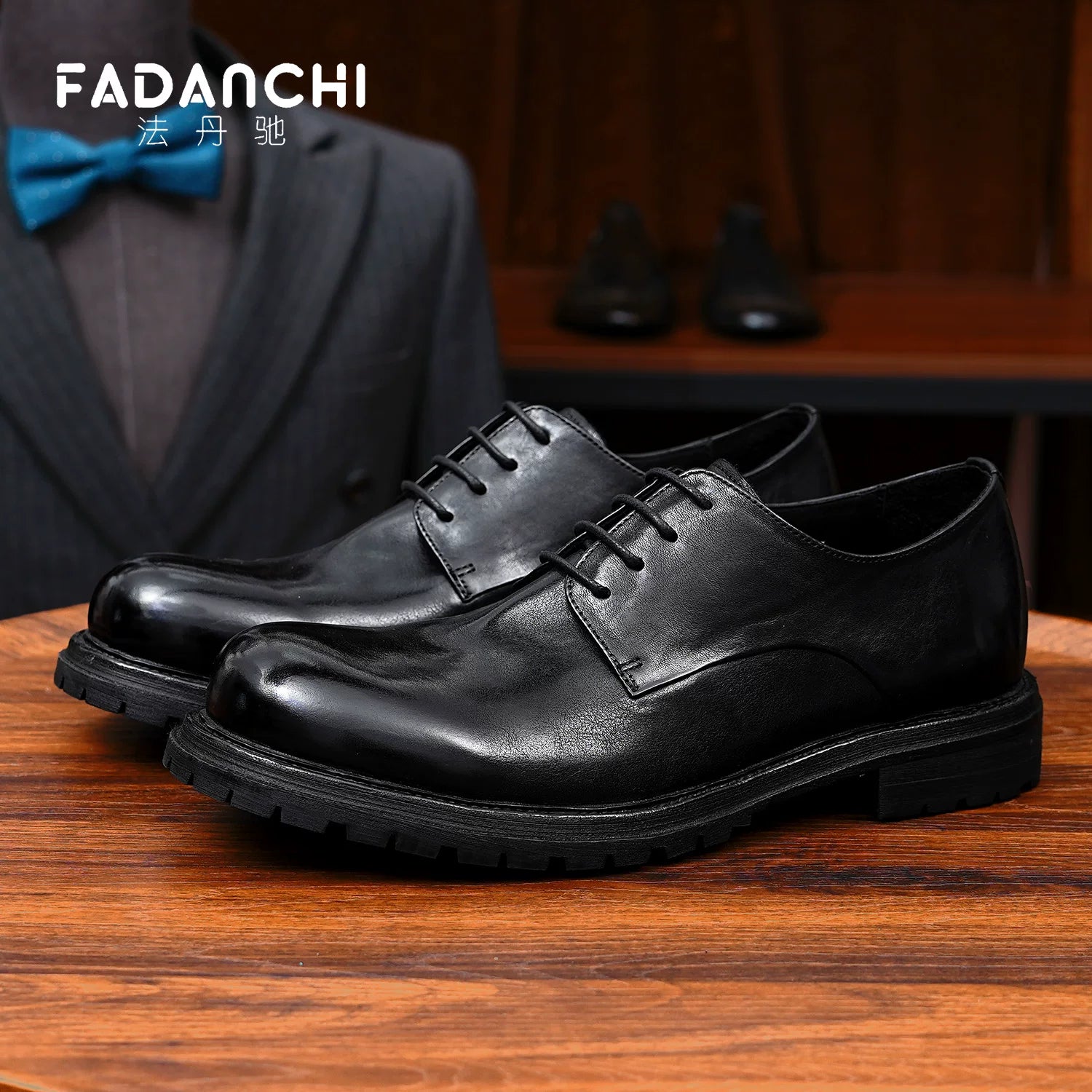 Men's Genuine Leather Derby Shoes, Handmade, Round Toe