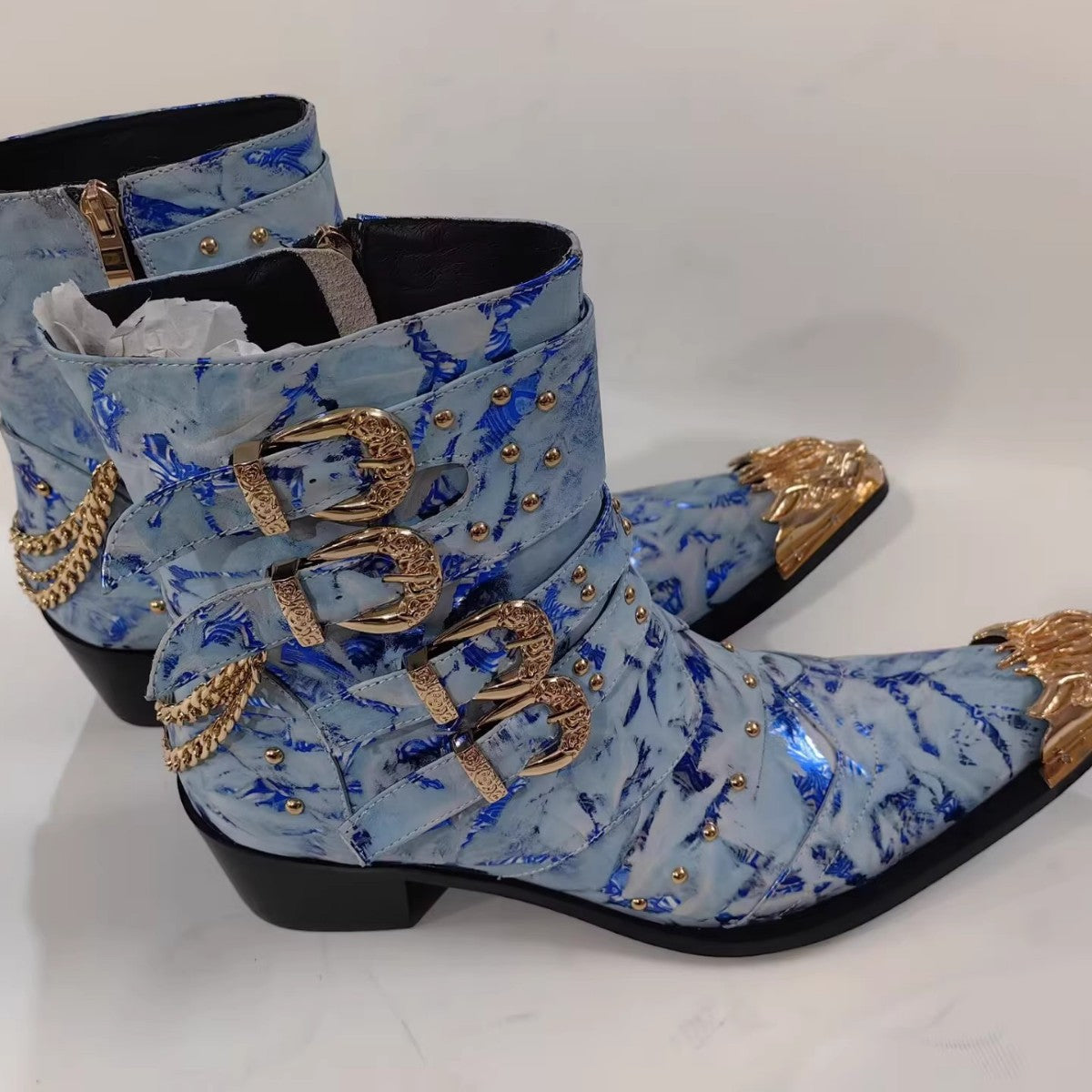 2024 new European and American autumn and winter side zipper solid color men's gold metal square heel winter trend pointed Martin boots large size