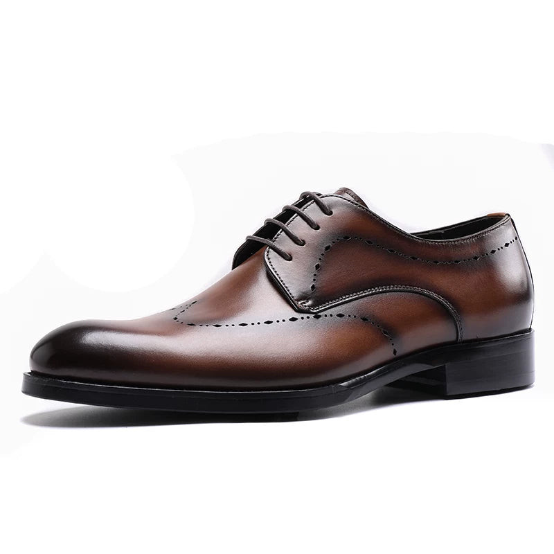 Men's Brown Genuine Leather Derby Shoes, Handmade, Pointed Toe