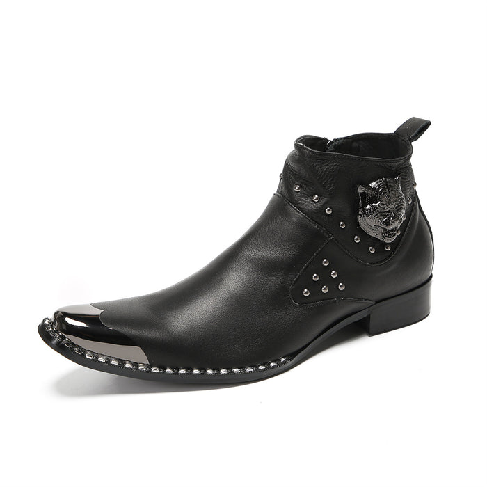 Autumn and winter Martin boots men's medium top short boots Korean version trend British retro sleeve high top leather shoes men's Chelsea boots