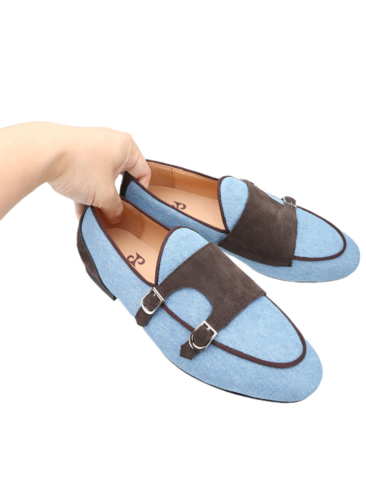 Washed denim cloth splicing frosted leather double Munch shoes handmade custom one-pedal Belgian loafers men