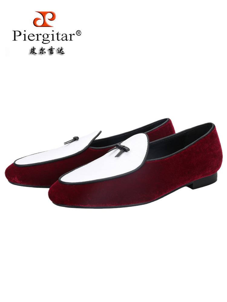 European and American trendy wear burgundy velvet stitching white cowhide men's loafers leather bow tie Belgian shoes