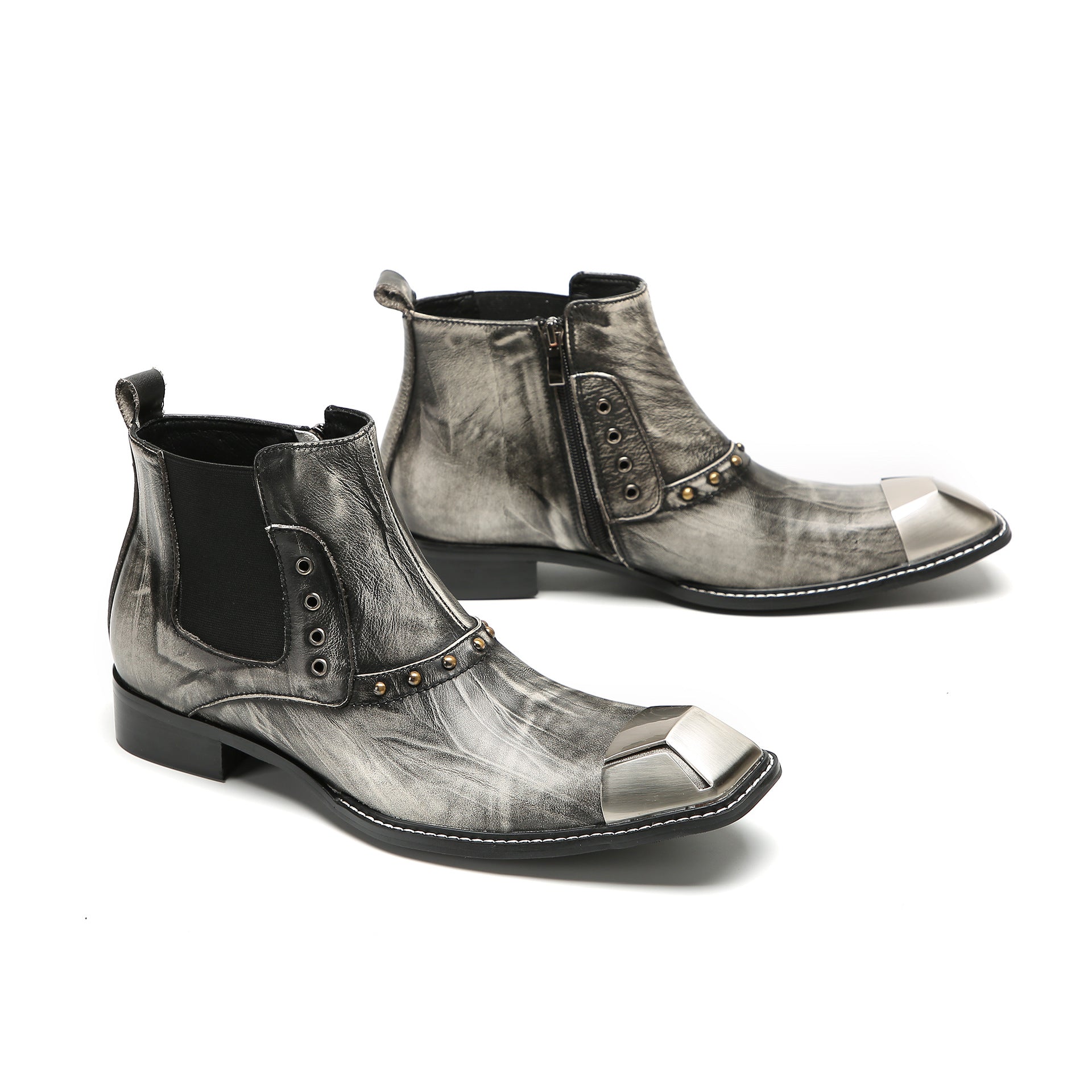 Foreign trade cowhide square-toe Chelsea boots for men British brogue carved short boots trendy high-top shoes commuter soft cowhide boots