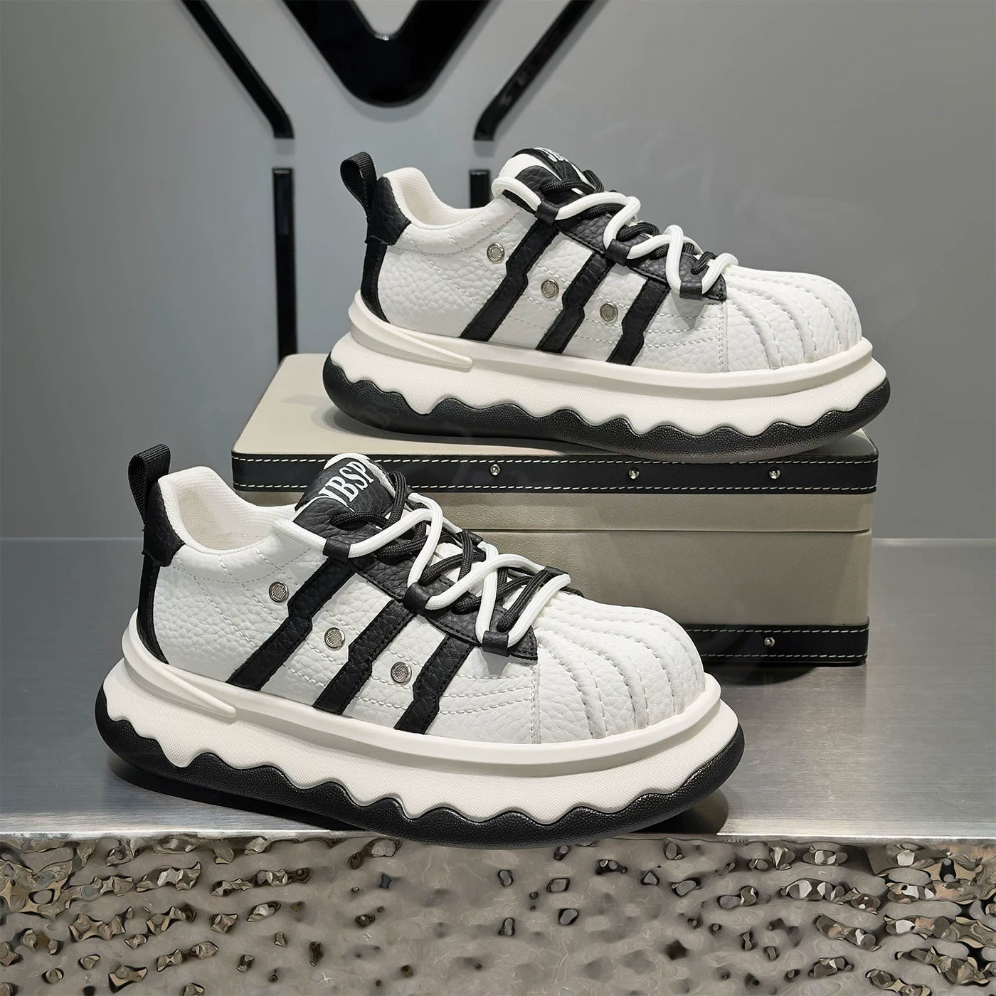 Men's Height-Increasing Platform Lace-Up Low-Top Shell-Toe White Sneakers New