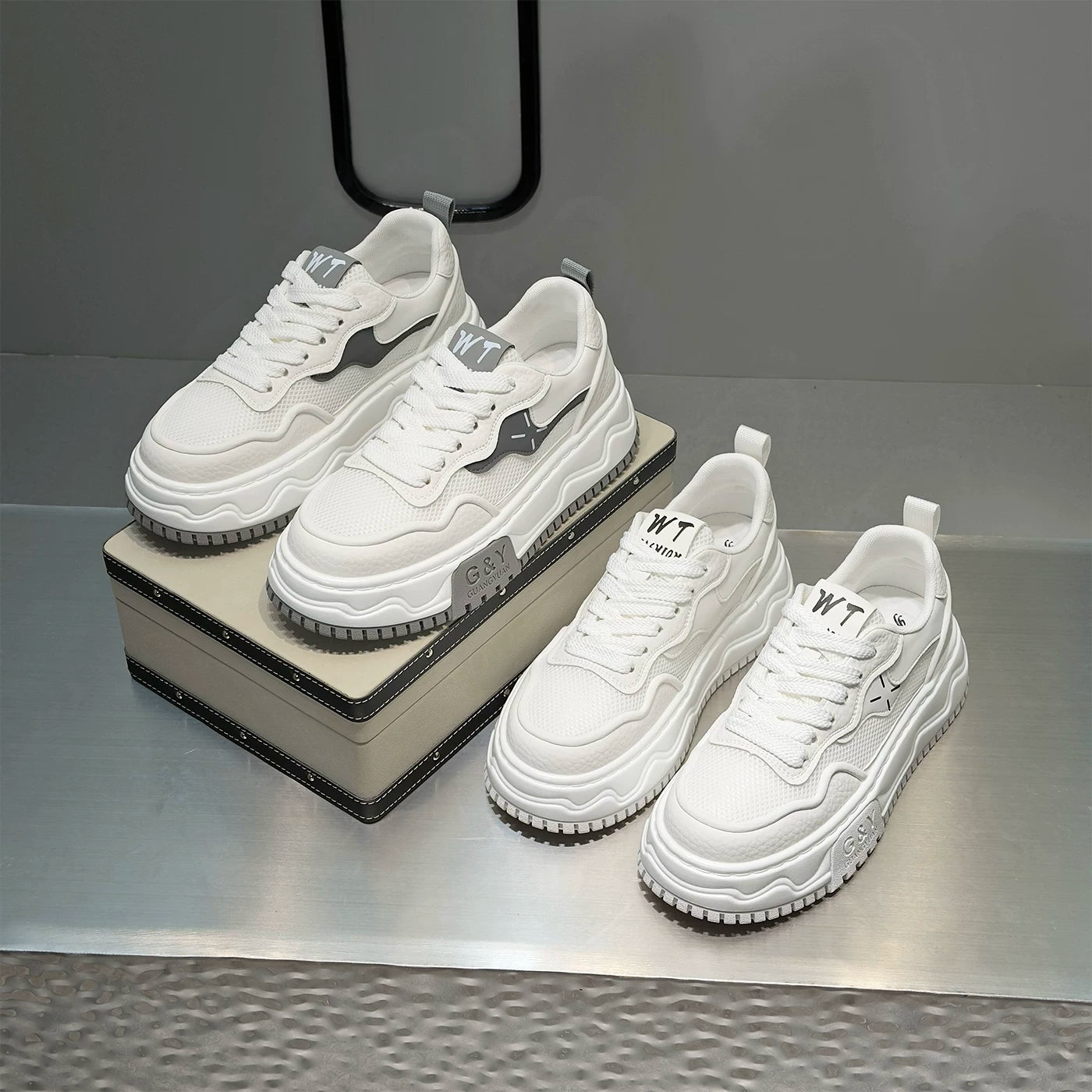 Men's Breathable Mesh Lace-Up Lightweight Trendy White Sneakers Spring