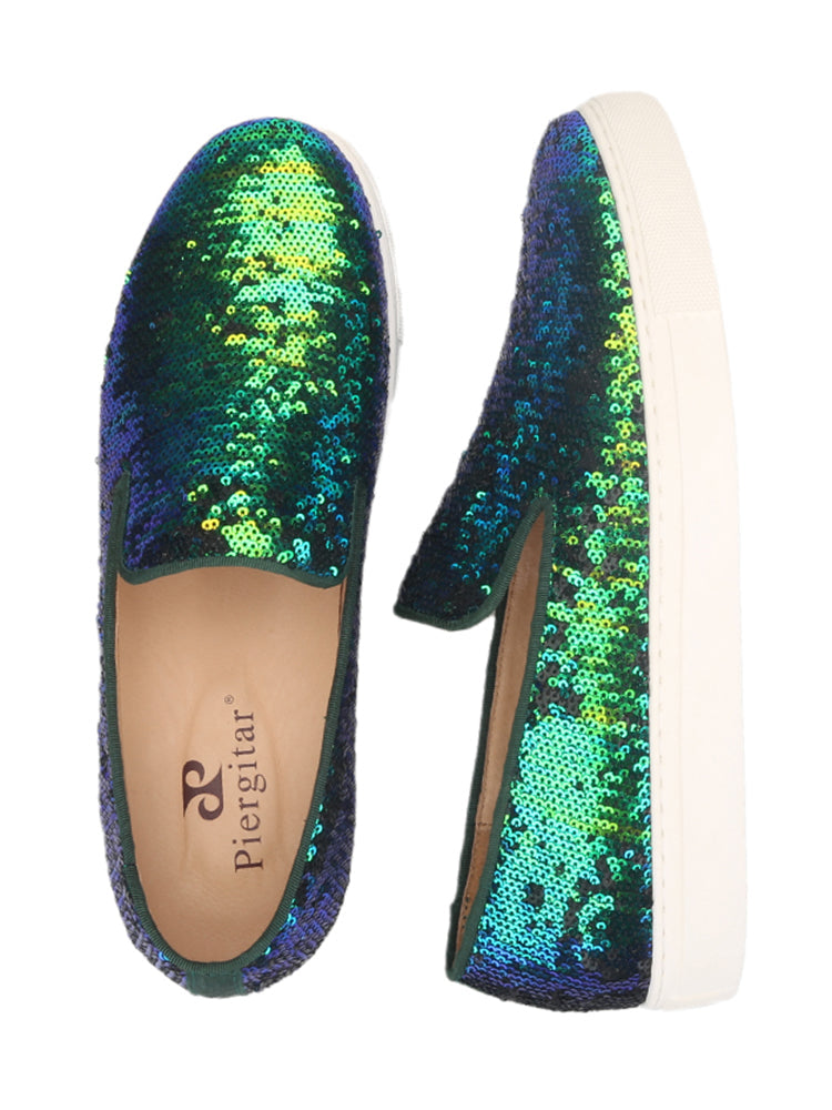 Pilgida sequined casual shoes, white thick-soled loafers, blue and green, heightening, versatile men's shoes, large size