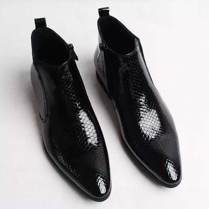 Men's Genuine Leather Martin Boots, Patent Leather, Pointed Toe