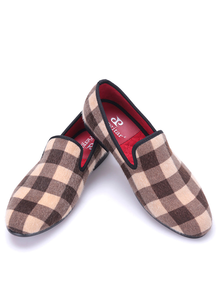 Piergitar's new apricot brown plaid horsehair men's handmade loafers British casual slip-on trendy shoes