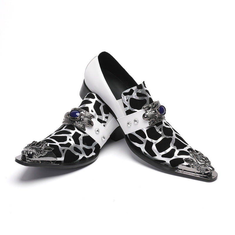 White leather shoes for men, Korean style casual men's slip-on hairstylist wedding shoes, pointed toe slip-ons, heightening formal business shoes