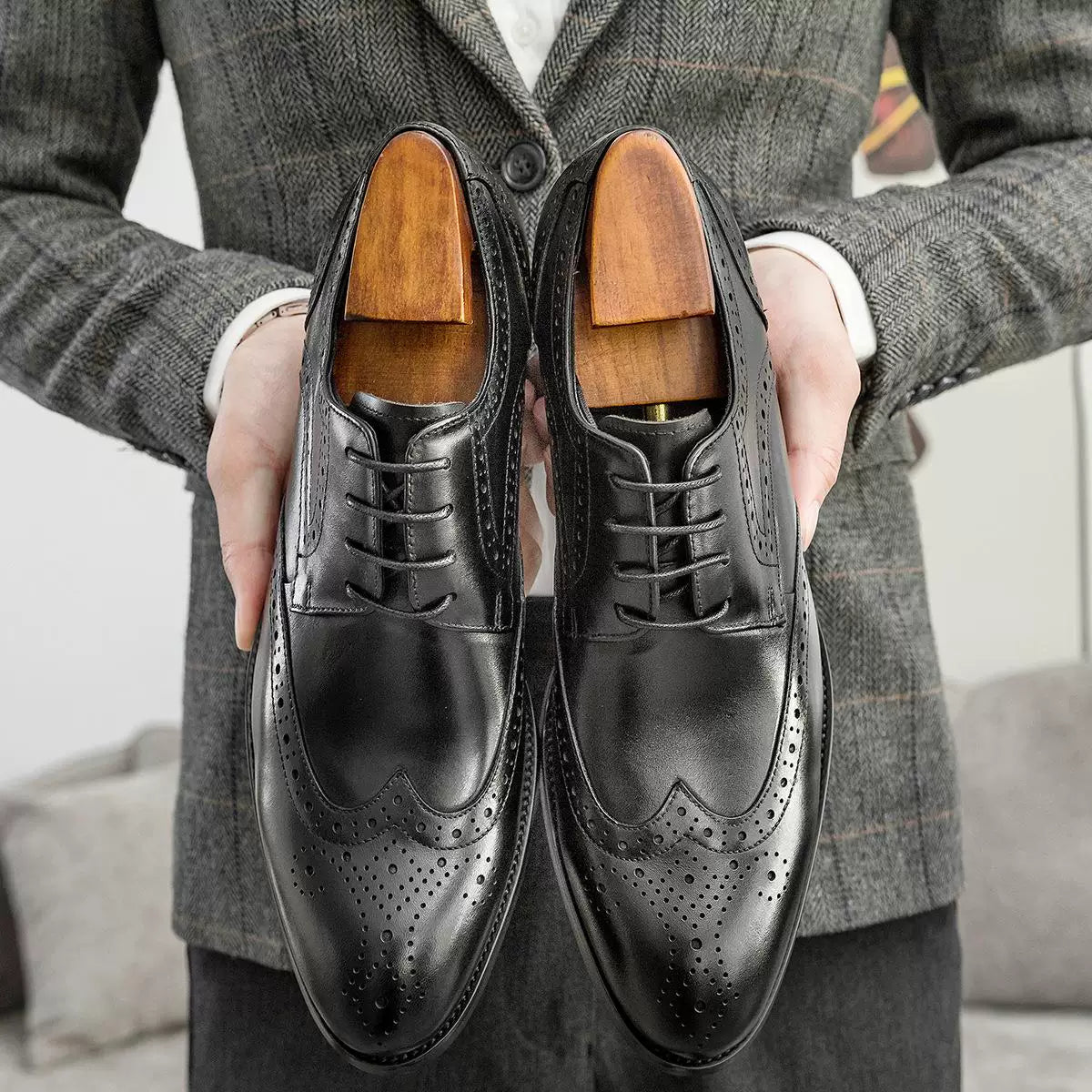 Men's Genuine Leather Derby Shoes, Pointed Toe, Lace-Up
