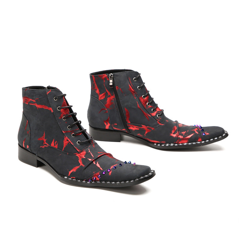 Men's leather thick-soled casual Martin boots lace-up British inner heightening business pointed-toe short boots plus velvet high-top leather shoes