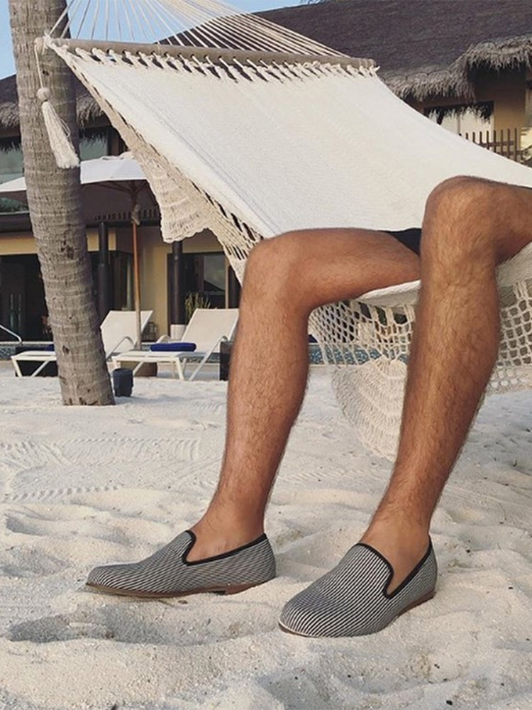 Black and white striped handmade men's slip-on loafers British style casual trendy smoking shoes wooden heel genuine leather lining