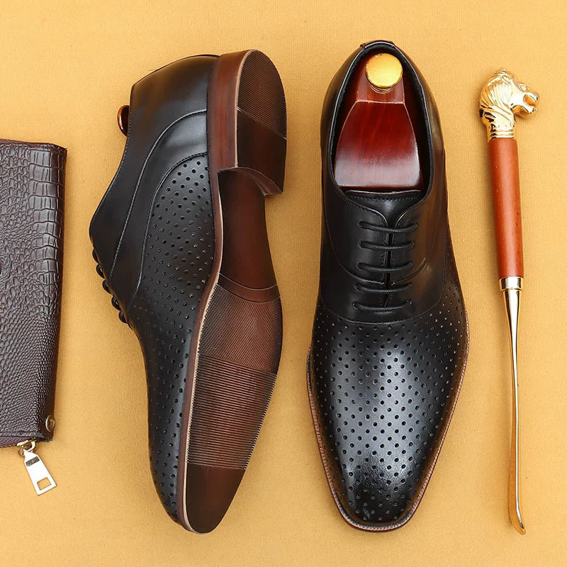 Men's Brown Genuine Leather Leather Shoes, Breathable, Cut-Out
