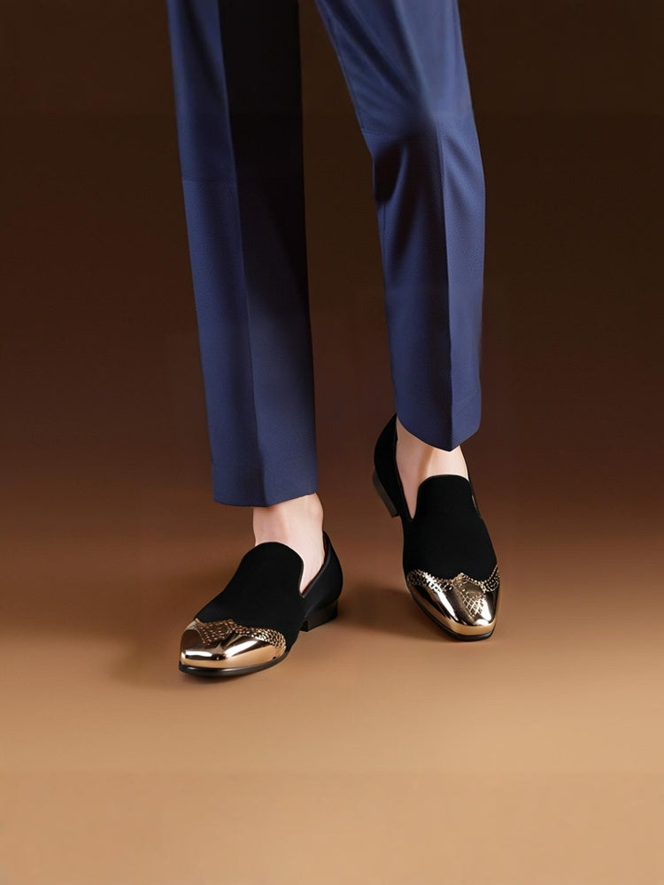 Piergitar black velvet front brogue punched copper buckle men's handmade loafers British smoking shoes
