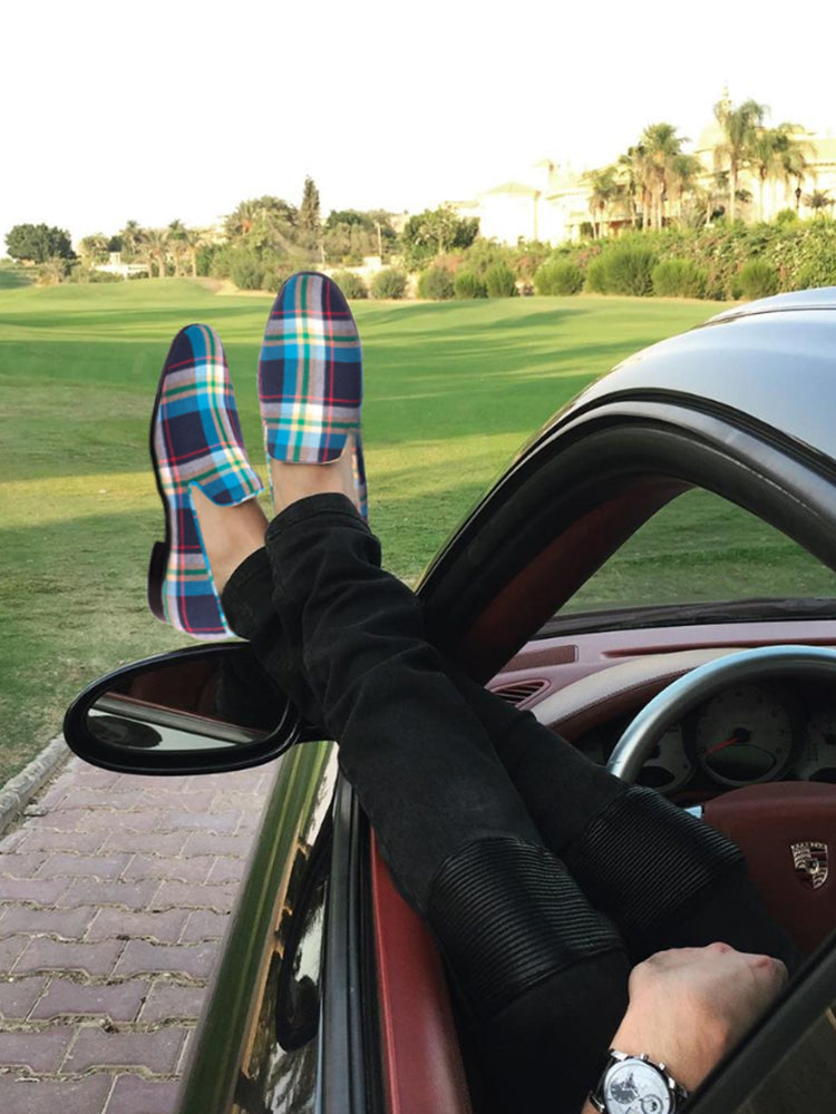 Men's leather-lined handmade loafers British small fresh plaid canvas shoes European and American smoking shoes