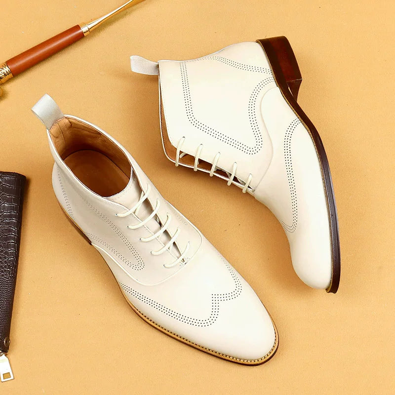Men's White Genuine Leather Martin Boots, British Style, Business