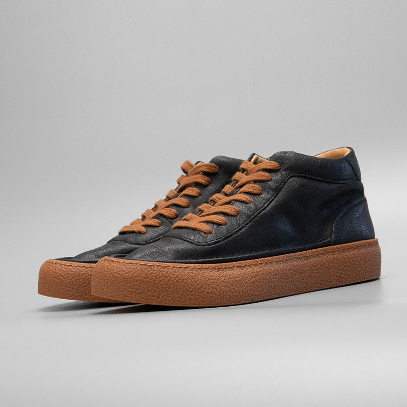 European station 2024 new retro solid color trendy shoes black cowhide sneakers versatile genuine leather mid-top men's casual shoes 2