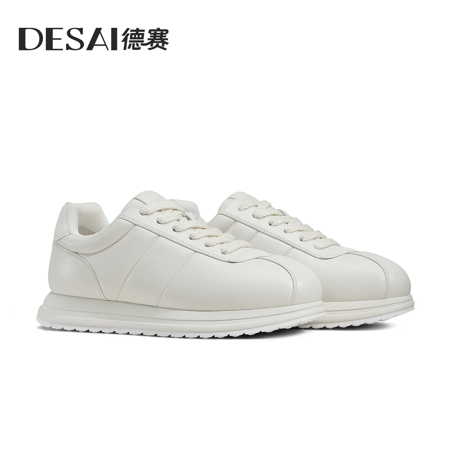 Men's White Genuine Leather Casual Shoes, Height Increasing, Thick Sole