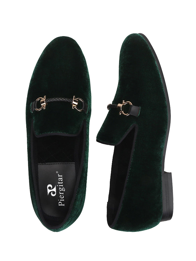 New dark green velvet loafers for men European and American style big-name metal buckle men's loafers slip-on casual shoes