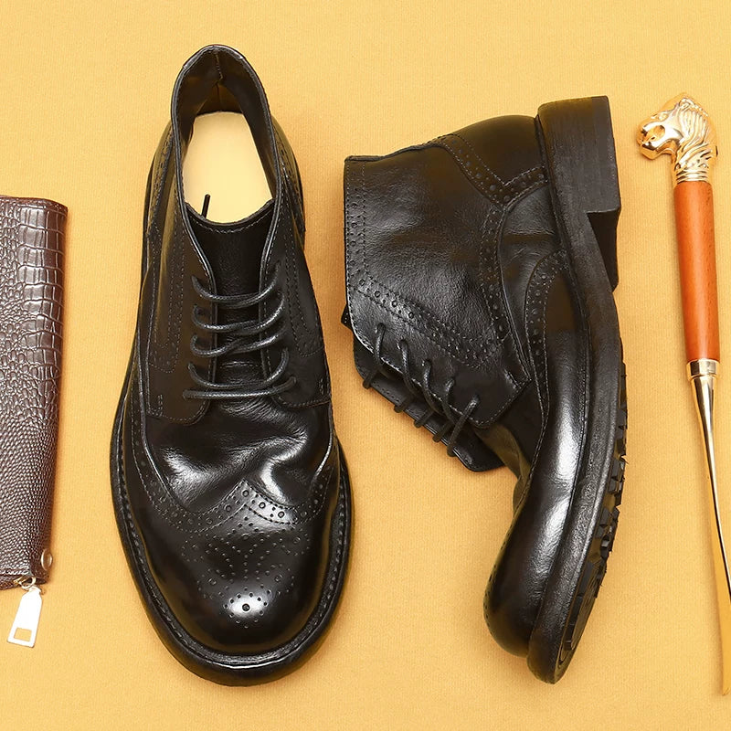 Men's Genuine Leather Martin Boots, Handmade, Brogue