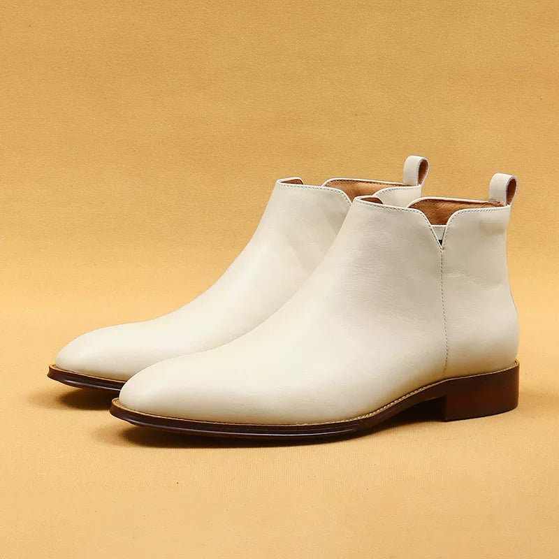 Men's White Genuine Leather Martin Boots, British Style, Business