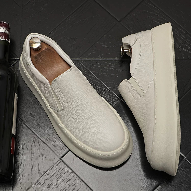 Men's Height-Increasing Slip-On Low-Top Genuine Leather White Skate Sneakers Casual