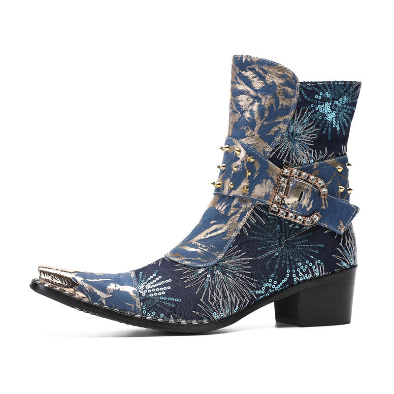 Heightening Western Cowboy Boots Pointed Embroidered Knight Boots Men 2023 New Mid-Tube Martin Boots Chelsea Boots Trend