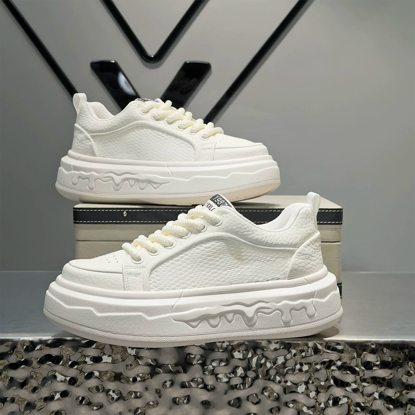 Men's Height-Increasing Platform Breathable Mesh Cut-Out White Sneakers Summer New