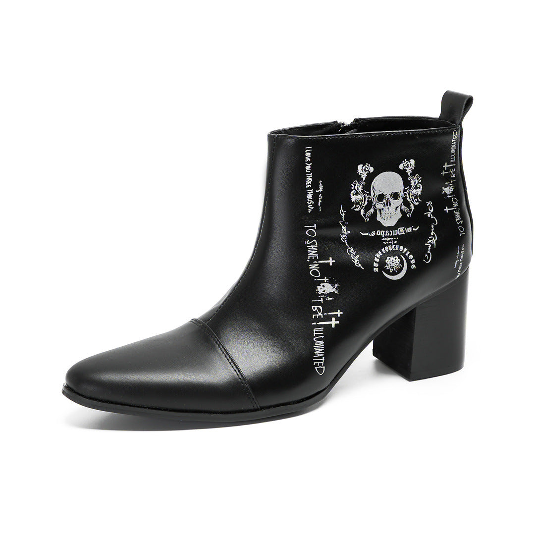 Foreign trade riding boots cowhide short boots men's Roman heightening leather boots printed trendy shoes black Roman fashion men's boots personality