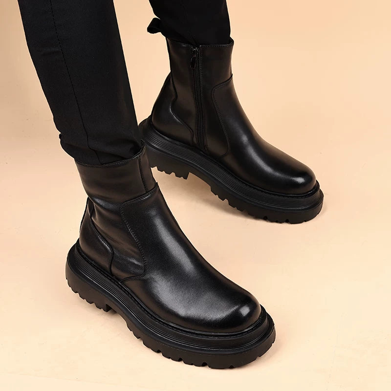 Men's Genuine Leather Martin Boots, Height Increasing, Thick Sole