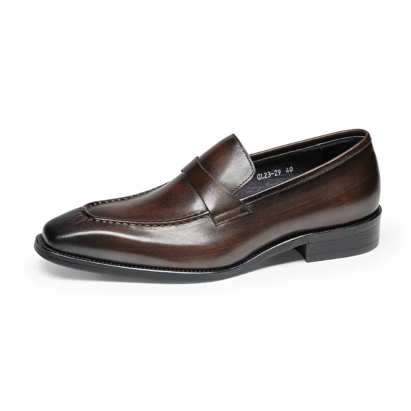 Men's Brown Genuine Leather Loafers, Breathable, Square Toe
