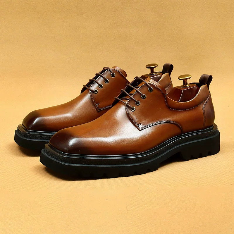 Men's Brown Genuine Leather Leather Shoes, Height Increasing, Thick Sole