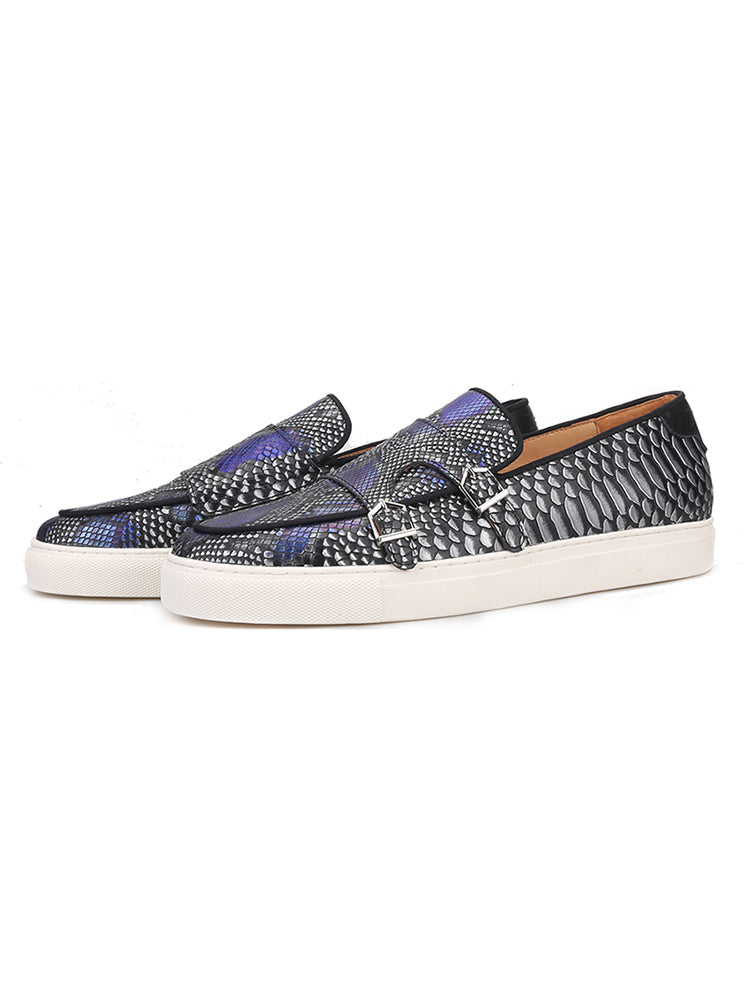 Handmade genuine leather cowhide snake pattern men's slip-on white-soled shoes European and American style metal buckle sports and casual shoes