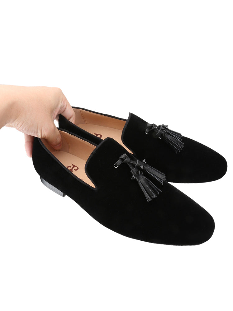 Summer men's velvet loafers, handmade cowhide rivets, tassels, European and American trendy slip-on red-soled shoes for men