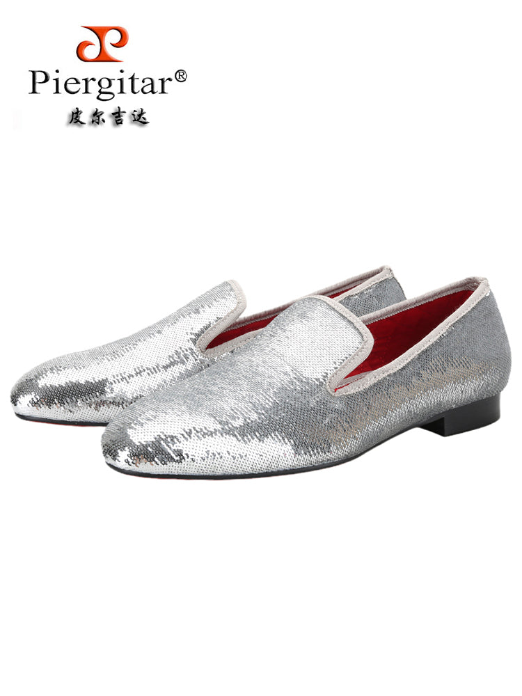 Luxurious two-color sequined men's handmade loafers European and American style fashion party wedding banquet one-step red bottom trendy men's shoes