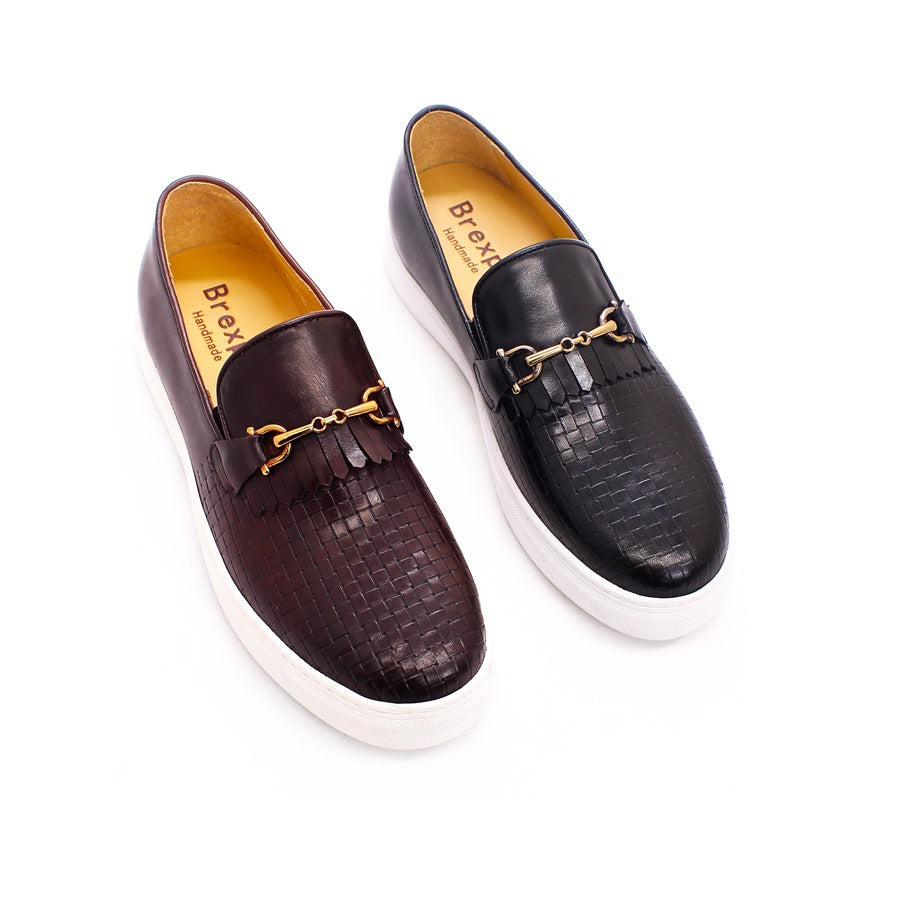 Leather Shoes Men's Leather Casual round Toe Pumps Flat Heel Woven Pattern Handmade Men's Shoes Fashion European and American Style Loafers Men
