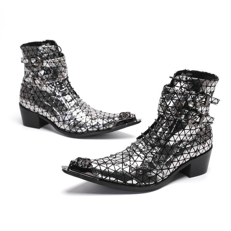 Cowhide Martin boots men's mid-calf boots British style retro Chelsea boots men's silver high-top leather boots